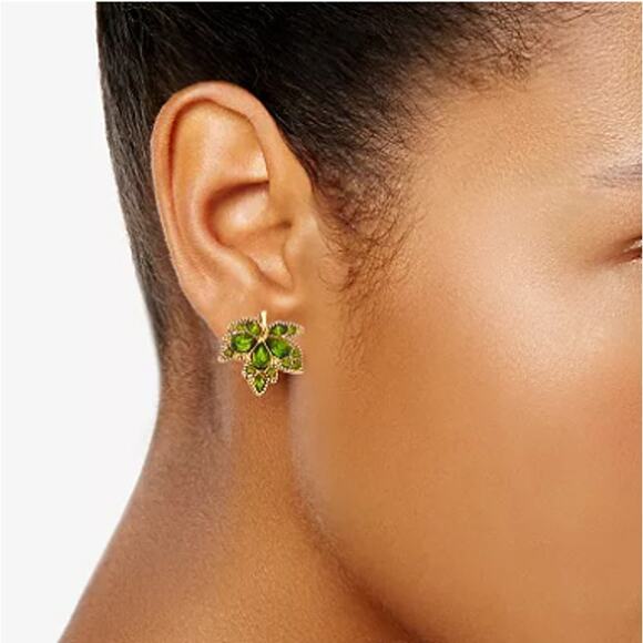 NEW Napier Gold Tone Autumn Spiced Green Leaf Jeweled Stud Earrings, Nickel Free - Picture 4 of 4